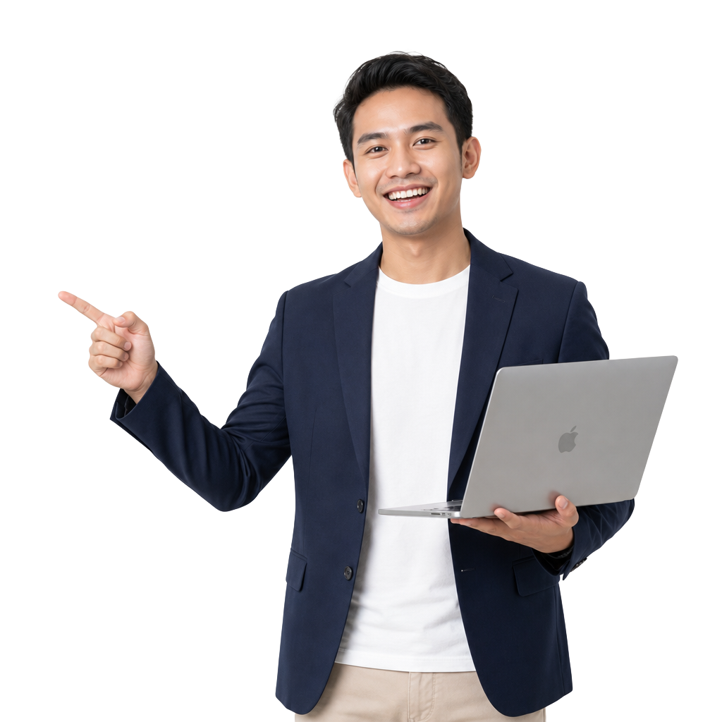 Profesional KarsaDigital memegang MacBook dan menunjuk ke layanan